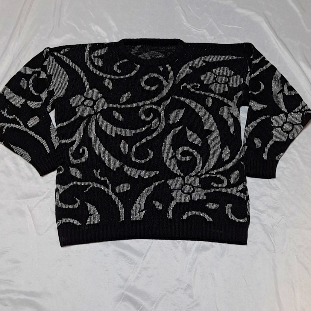 Metallic Silver Floral Filigree Oversized Crew Neck Sweater